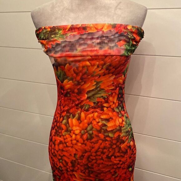 Zara asymmetrical dress orange and green floral - Picture 2 of 8